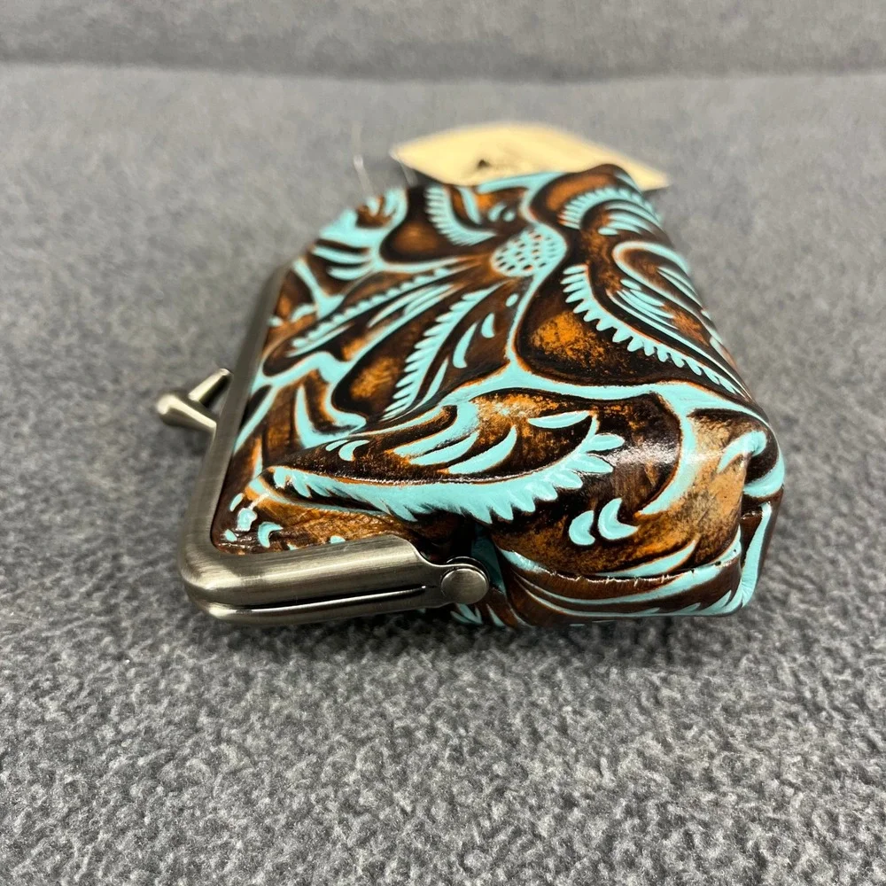 Patricia Nash Borse Coin Purse Women Turquoise Tooled Leather Floral Kiss Lock